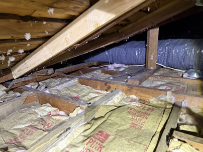 Improperly installed R-13 fiberglass insulation in an attic, with the kraft paper facing exposed and insulation designed for walls instead of attics.